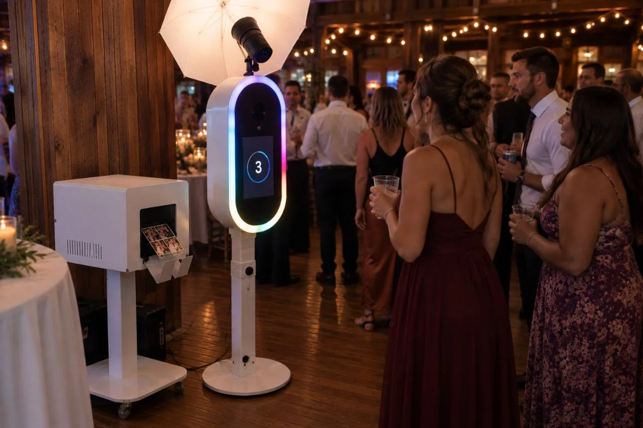 Wedding guests using Evening Star's open-air photo booth during a reception