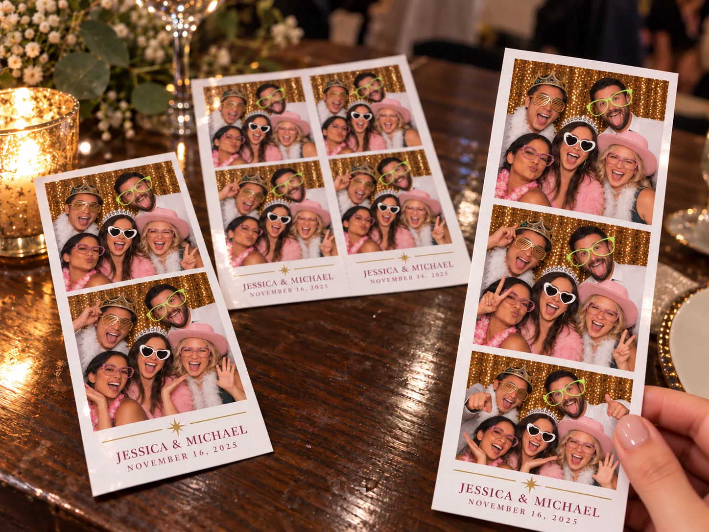Personalized Evening Star photo booth strips printed at a wedding reception with three different poses and the couple’s names and wedding date