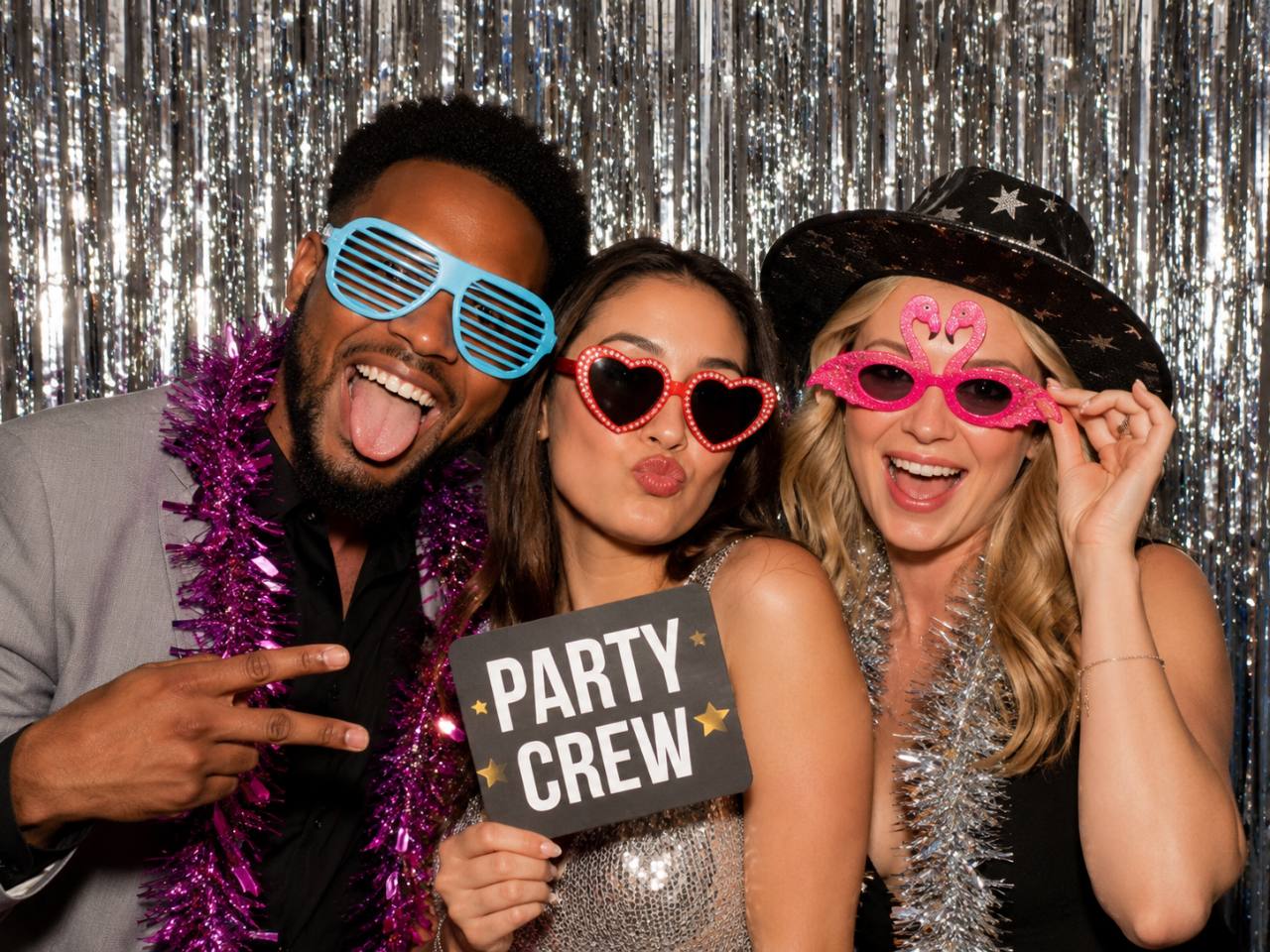 Wedding guests enjoying Evening Star's photo booth with colorful props