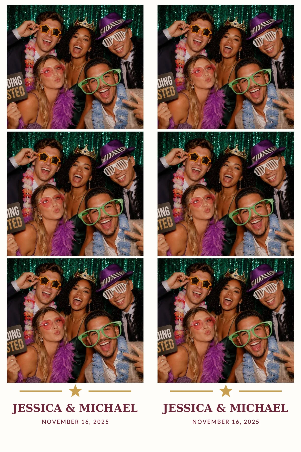 4 by 6 photo booth sheet with two matching Wedding Memories photo strips
