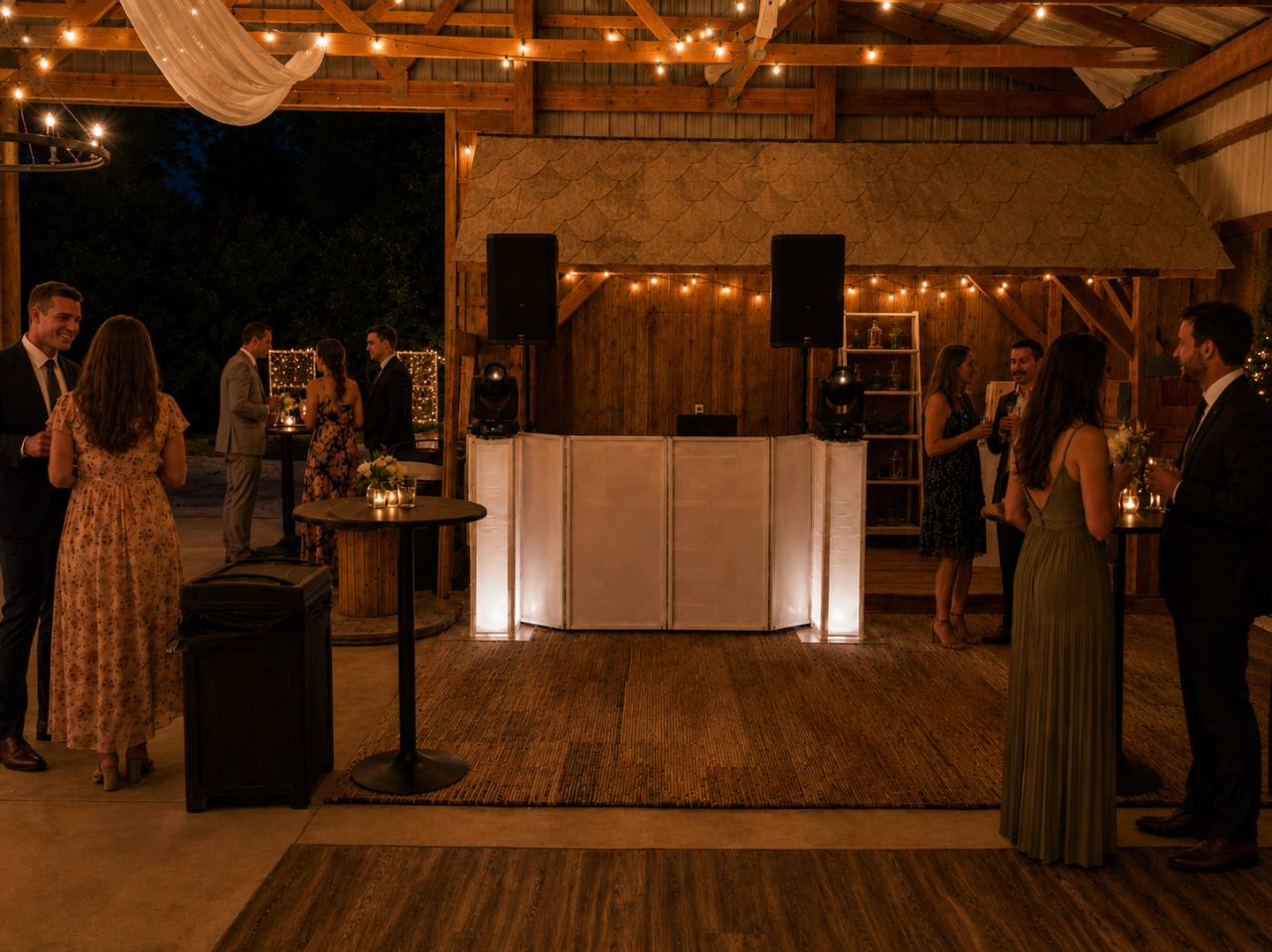 Evening Star Entertainment DJ setup during an evening reception at Schaefer Farms